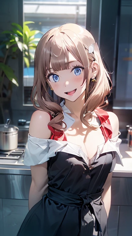 (dynamic angle:1.3, front view:1.1, breast focus:1.3, from below:1.2), (dynamic posing:1.5, sexy posing:1.3, leaning forward), (seductive smiling:1.3),masterpiece, 1girl, (pointed chest:1.3), cleavage:1.1,(double breasted:1.2,under bust:1.2), Amazing Cleavage:1.3, thin waist, big ass, Raised sexy, big breast: 1.2 posed cleavage:1.2、solo, looking at viewer, open mouth, have a grass of beergrass,black hair, blue eyes, bare shoulders, jewelry, collarbone, sidelocks, hairband, earrings, indoors, red off shoulder sweater dress, arms behind back, short hair with long locks, blue white hairband, big side hair, very long side hair is rendered in (masterpiece: 1.2, best quality), with (ultra high resolution) and an exquisite (depth of field). This masterpiece is not only visually stunning but also tells,A scene of cooking in the kitchen