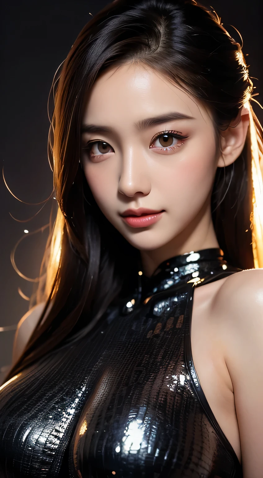 Kimono beauty, body portrait, 8k, thin and beautiful eyes, Dindal effect, masterpiece, top quality, high quality, high resolution, very detailed photo, (natural skin texture, fine skin, hyper realism, super sharpness) , high detail skin, (very fine, fine skin texture, intricate details, beautiful face, (real-like face), realistic eyes, beautifully detailed eyes, realistic skin, beautiful skin, surreal, Highly detailed, golden ratio, smiling eyes, ((night moonlight background)), body portrait, G cup, big breasts, huge breasts, big breasts, glamorous, shiny bodysuit