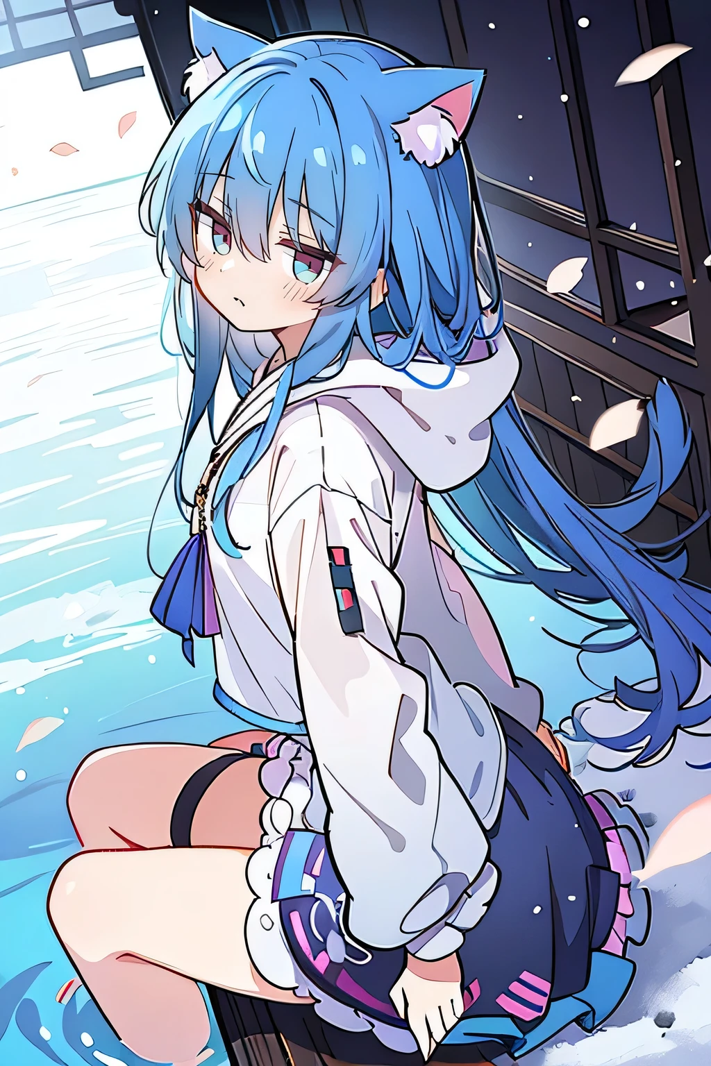 (masterpiece:1.2),Super detailed,lifelike,Expressive eyes,fair skin,perfect face shape,1 girl,
Japanese comics,Gorgeous blue hair,flowing blue hair,flowing clothes,Cat ears,Petals fall,beautiful lola,Baby Angel,
Shaking head with one hand,Cross your legs,Gentle and peaceful background,The pavilion is cool and comfortable,smile, wearing hoodie, background of tokyo,back views,snowing, winter,lie on the water.
