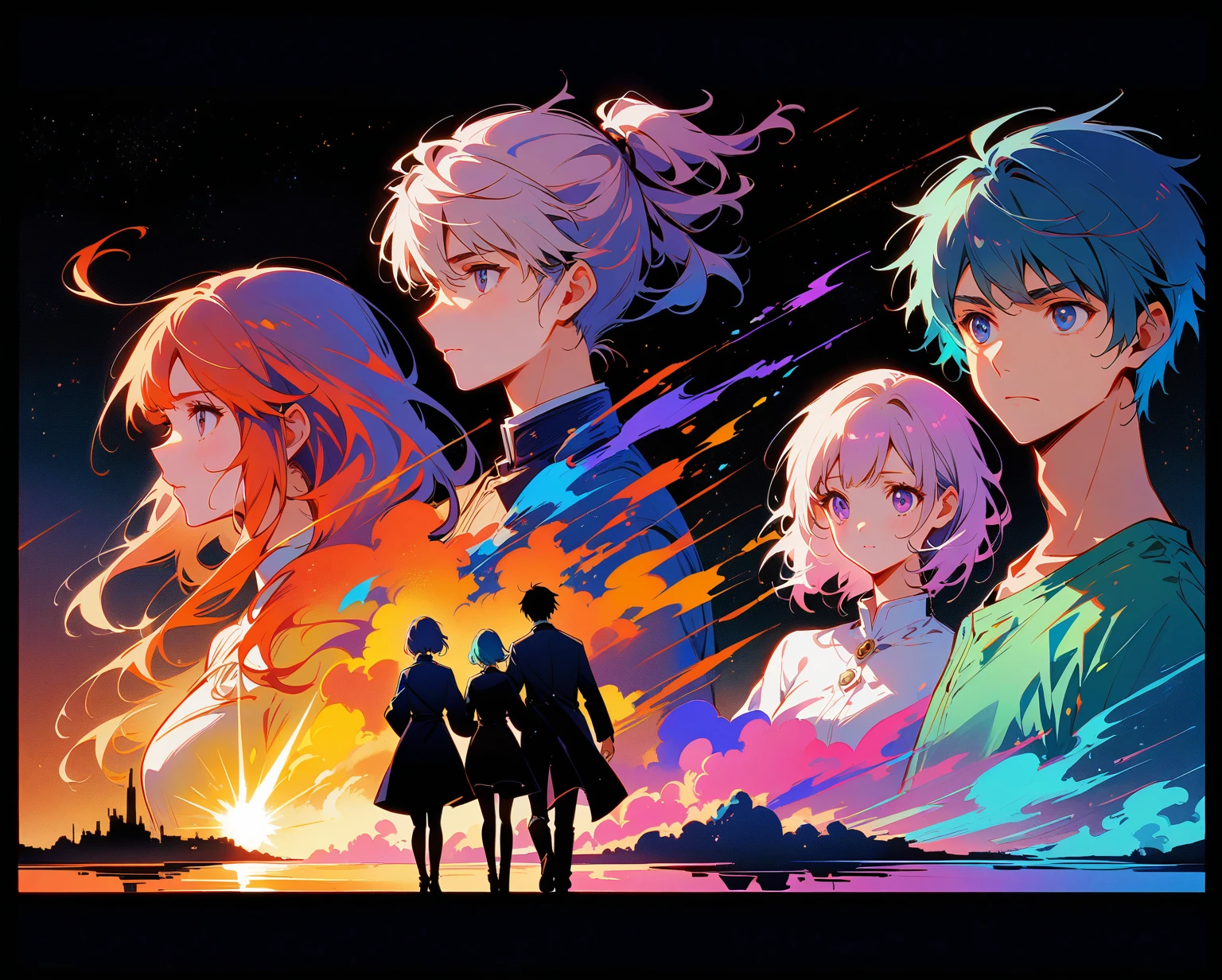 (Boys and girls separation,Reluctantly,respectively,The boy is on the left,Girl on the right),1boy,1girl,Magnificent space image scenes,Shine under the stars,Anatomically correct,Simple and elegant,Smooth line strokes,Bright colors,Ultra high saturation,Minimalism, anime, Ghibli-like colours, projected inset,Medium shot,Waist Shot(WS),1yj1,yinji