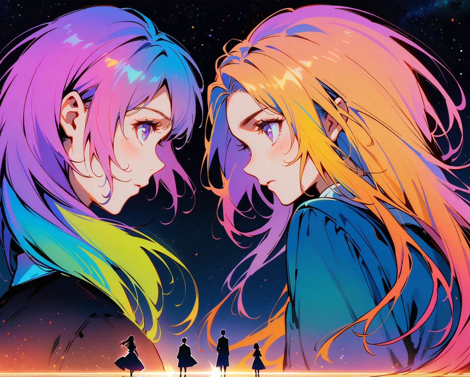 (Boys and girls separation，Reluctantly，respectively，The boy is on the left，Girl on the right)，1boy，1girl，Magnificent space image scenes，Shine under the stars，Anatomically correct，Simple and elegant，Smooth line strokes，Bright colors，Ultra high saturation，Minimalism, anime, Ghibli-like colours, projected inset，Medium shot，Waist Shot(WS)，1yj1，yinji