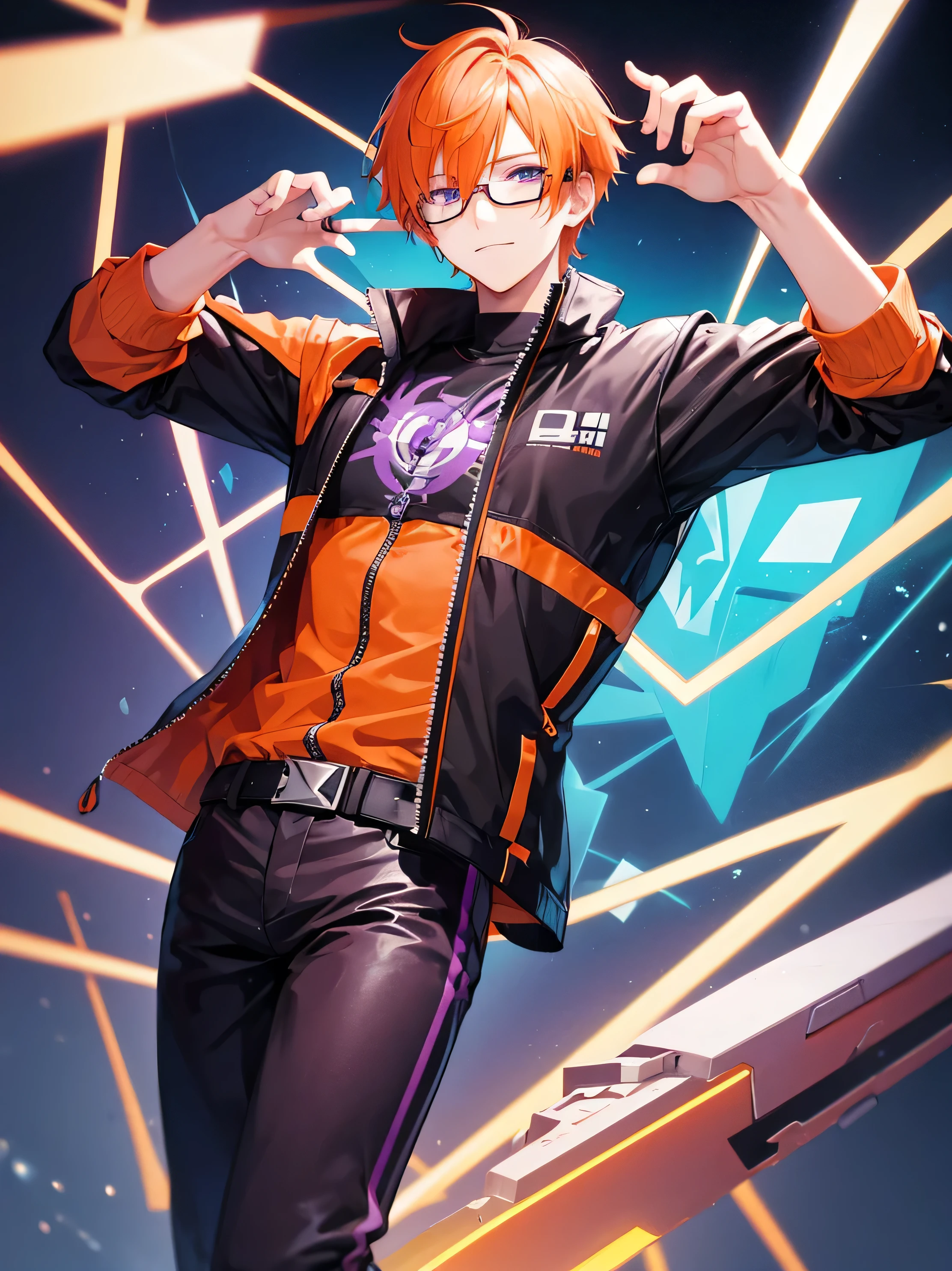 illustration of an orange-haired male character with a Korean hairstyle, purple eyes, and glasses. His personality is INTJ and he is interested in technology.