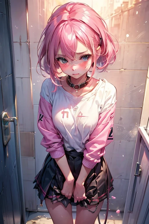 1girl,solo,blush,cute pink hair,she takes to the bathroom,Look away,Standing,embarrassed from、Blushing,Keep your mouth shut,a street(Girl is peeing:1.7),Mini skirt