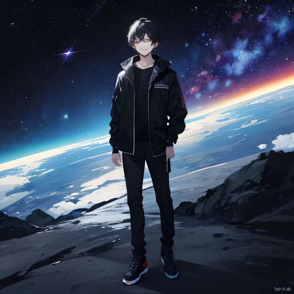 In the boundless universe, you can see a handsome 18 year old young man, short black hair, pitch black eyes, looking at the universe with a smile, his clothes are black like the darkness of the universe, full body,