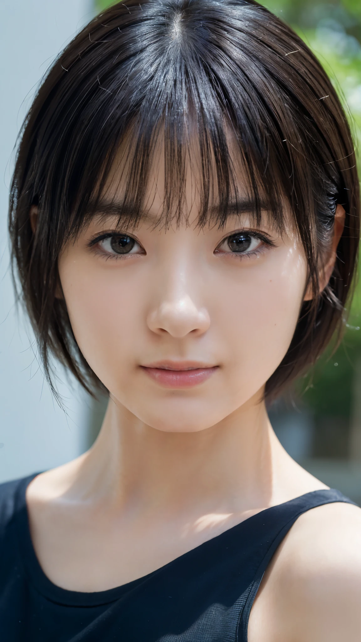 (highest quality,masterpiece:1.3,Ultra-high resolution),(Super detailed,Caustics,8k), (Photorealistic:1.4, RAW shooting),Japanese,Age 25,Rin々A funny expression,Black short hair,Black Shirt,Bust up shot,Face Focus,Face close up,Natural light,Professional Lighting