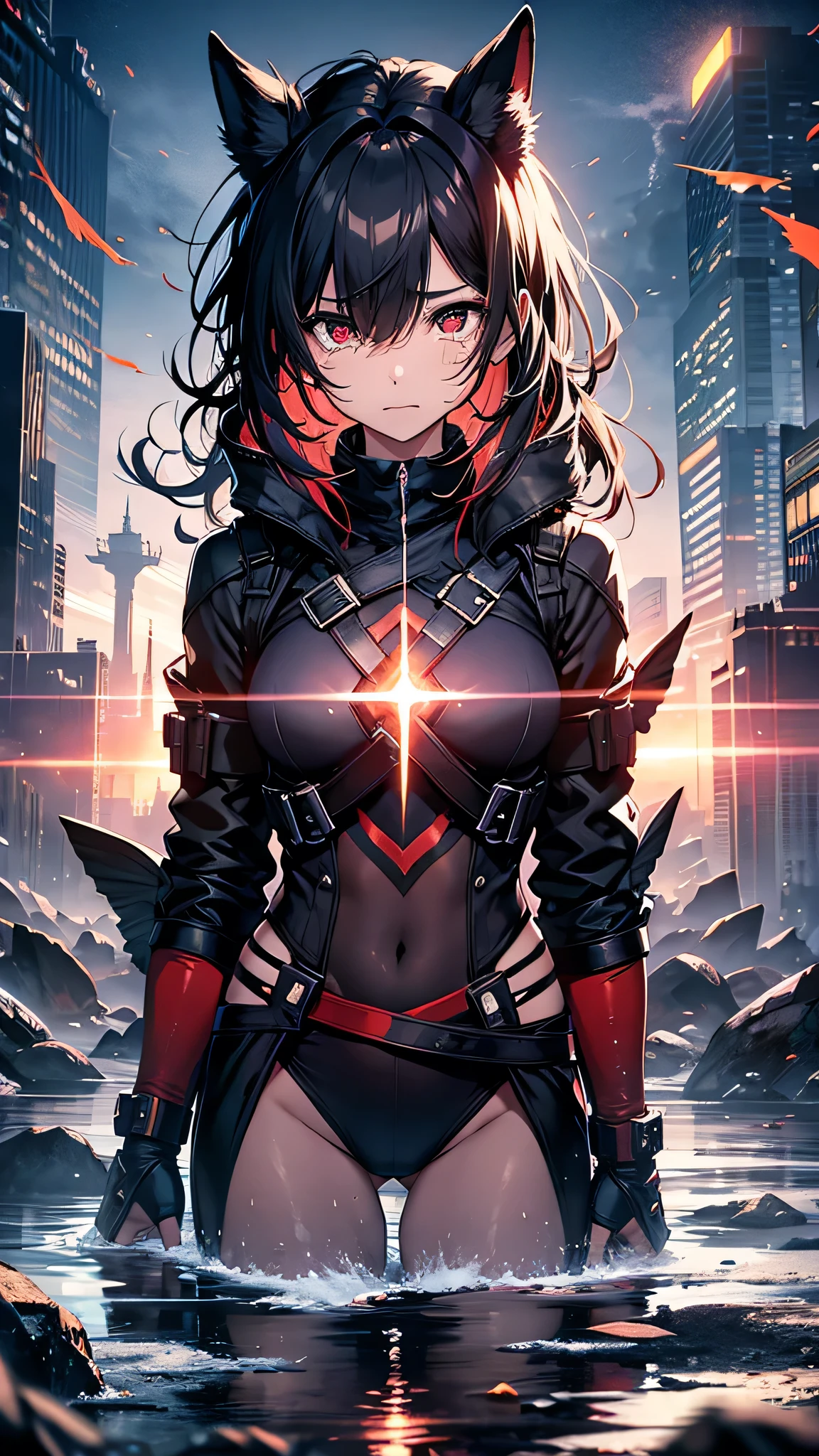 Highest quality、Highest quality、Masterpiece、girl((Age 25、as soon as、Highest Bust、Medium Bust、Wide open chest、Red glowing eyes、Black Ear、Red Mesh、Disheveled Hair、Loincloth、thin、The best valley、Open chest、Luminous Wristbands、hair ornaments、Full body view、Black Shirt、Black trousers、scar、cell phone、A little muscular、Watery eye、Tears))、high quality、Beautiful Art、background((night、Ninja World,volcano))、flight、Flying Debris、Depth of text、movie、Visual Arts、Perfect Art、8K、Genuine、