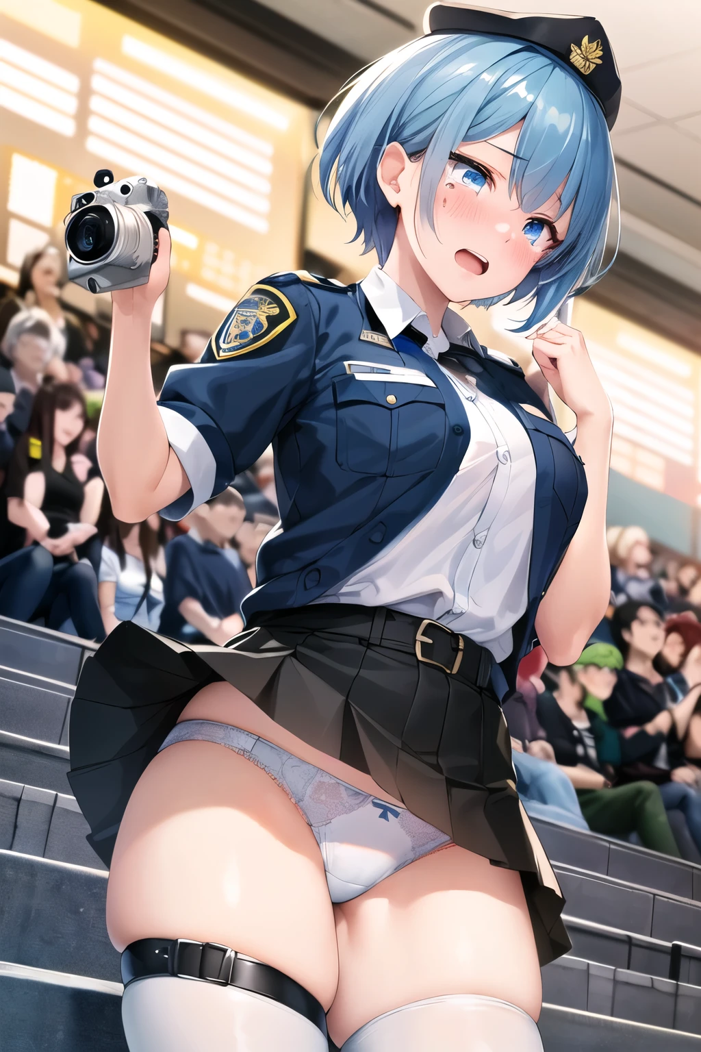 One Girl, Shiny skin, 最high quality, (Game CG:1.4), Browsing Caution, Beautiful face and eyes in every detail,big 、Tiny Lingerie, strict, big ample breasts、((最high quality)), (Very detailed), (Very detailed CG 統合 8k 壁紙), Very detailed, High resolutionのRAWカラー写真, Professional photography,From below, (((White lace panties)))、I can see your face、(((sorry))),(((Embarrassed face)))、(((Are crying)))、(((Anguished expression)))、Glare, anger、(((Her white panties are visible)))、((white underwear pattern))、Dancing、((((She is embarrassed that the audience saw her underwear..))))、 (((She forgot to put on her underwear、I completely saw it.)))、Dancing, (((The audience was delighted to see her panties))), (((A crowd of spectators point their cameras at her panties))), ((Nipples are visible))、Full Shot、(((Her skirt is flipped up))),(to be born, 最high quality, masterpiece:1.5), (Realistic, Intricate details:1.2), 超High resolution, (high quality, High resolution, Finer details), alone, Curvy Women, blush, Sweat, Oily skin, Shallow depth of field,(masterpiece、最high quality、High resolution、unity 8k wallpaper、Very detailedCG:1)、(Raise your consciousness:1.0)、One Girl、最high quality、8Kmasterpiece、((software)), ((Multiple Girls)), (18-year-old female, Beautiful detailed woman, Female police officer),( Blue Hair),(short hair),White and thin uniform,(Black leather micro mini skirt), ((With a shy look:1.5)), Huge breasts, Hard nipples, Tight waist, Thick thighs, Ultra mini skirt, ((Black Pantyhose)), (((I'Lifting her skirt to show her pantyhose))), ((Spread your legs)), (Please open your legs),, Looking down,((Skirt flip)),(((Boldly flip up the skirt)))