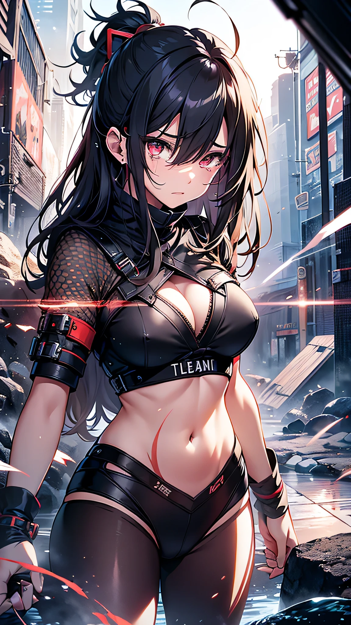 Highest quality、Highest quality、Masterpiece、girl((Age 25、as soon as、Highest Bust、Medium Bust、Wide open chest、Red glowing eyes、Black Ear、Red Mesh、Disheveled Hair、Loincloth、thin、The best valley、Open chest、Luminous Wristbands、hair ornaments、Full body view、Black Shirt、Black trousers、scar、cell phone、A little muscular、Watery eye、Tears))、high quality、Beautiful Art、background((night、Ninja World,volcano))、flight、Flying Debris、Depth of text、movie、Visual Arts、Perfect Art、8K、Genuine、