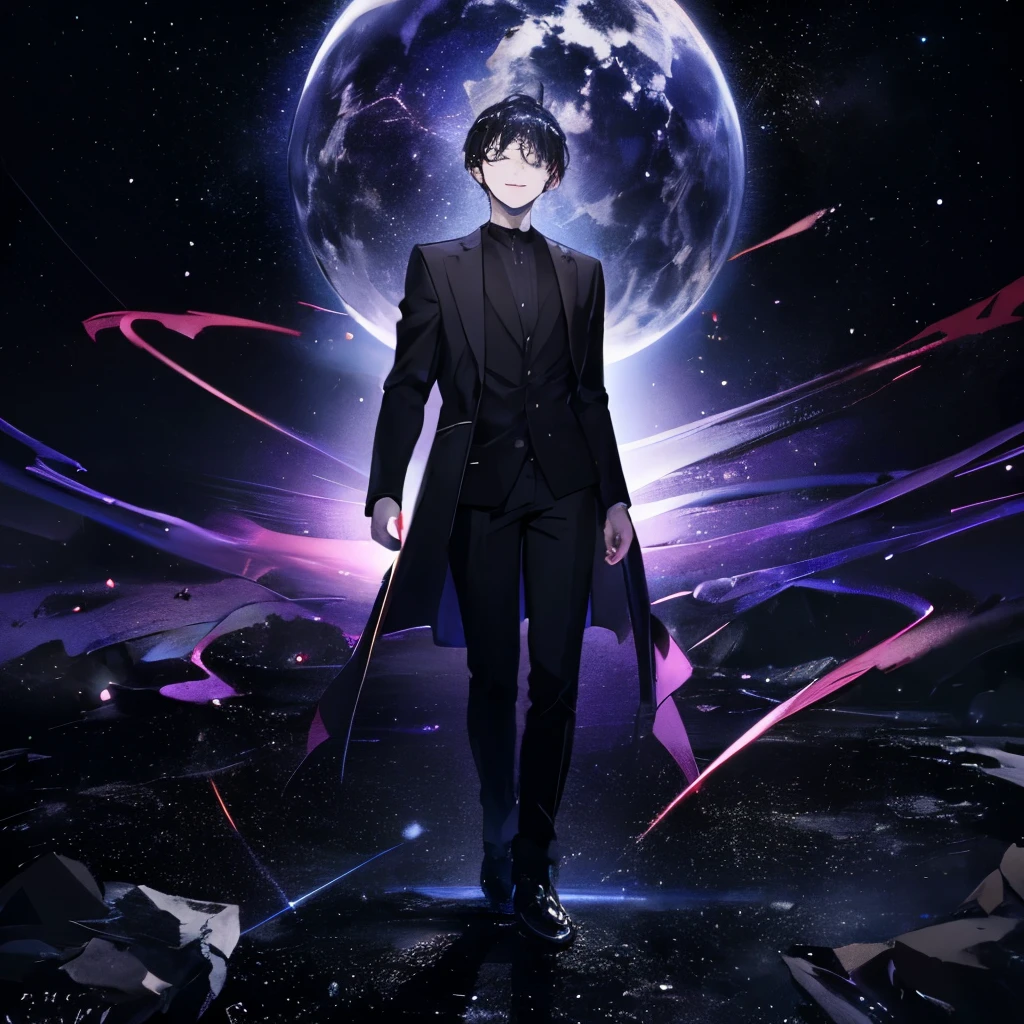 In the boundless universe, you can see a handsome 18 year old young man, short black hair, pitch black eyes, looking at the universe with a smile, his clothes are black like the darkness of the universe, full body,