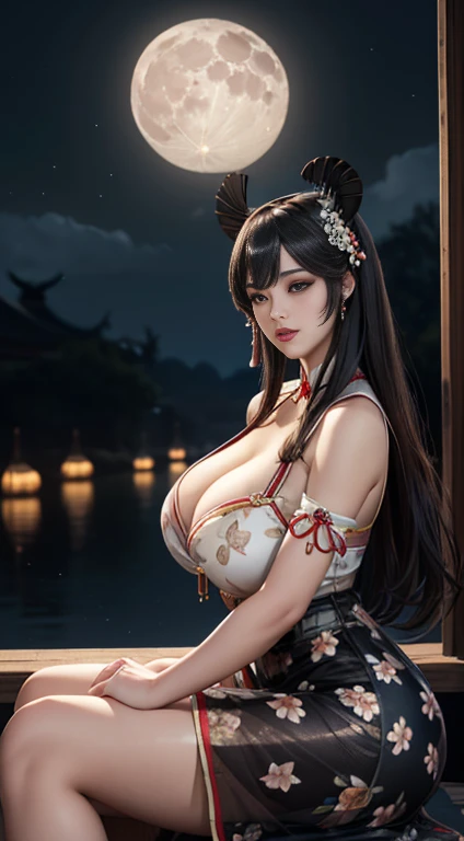 Chang'e，(((Hanfu)))，(((period clothing)))，(((White tulle skirt)))，(((Huge Moon)))，Rabbit ears，sky sky，Sitting，Top CG，Highest image quality，masterpiece，Gentle beautiful girl，(((Large Breasts、Sagging breasts、Low-cut，Cleavage, Wide hips,)))((Long legs)),Hourglass figure)),(High and tall)，Royal sisters，Queen temperament，Fair skin，(((long legs)))，Perfect facial features，Bright Eyes，charming pose，red lips，Beautiful and cold，(Large Breasts),beautiful and handsome，Long black and smooth hair，Glittering，The skin can be seen through the clear glass，(((floral dress)))，8K picture quality，(Realistic Portraits)，Characters fill the screen，((Facial lighting)),