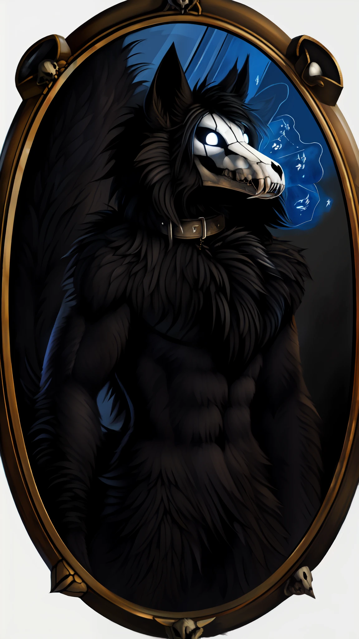 MalO, Scp 1471, 1man, male, ((four legged character)), (slit pupils, white eyes, black sclera), digitigrade, (collar), masterpiece, best quality, detailed realistic fur, furry, (canine skull), detailed background, (low angle shot), detailed face, detailed eyes, (covered in fur, detailed black fluffy fur, fluffy tail, furry:1.5), (flat ?????, SFW:1.5), (looking from medieval mirror, MagicItem_v1, blank background, fantasy painting:1.35)