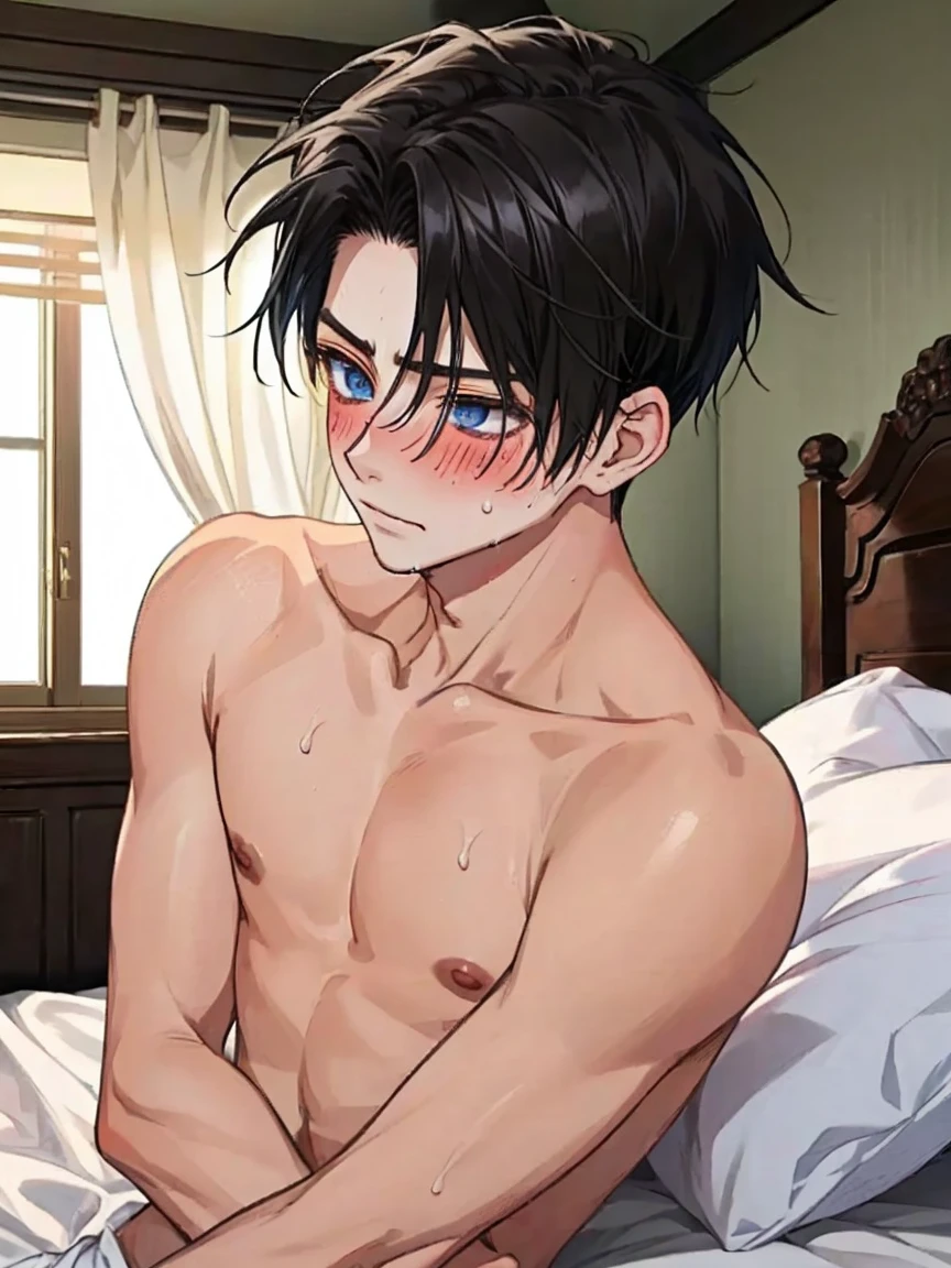 1 boy(、Levi Ackerman、Black Hair、blush、Sweat、humid、Completely naked)、happiness、bed