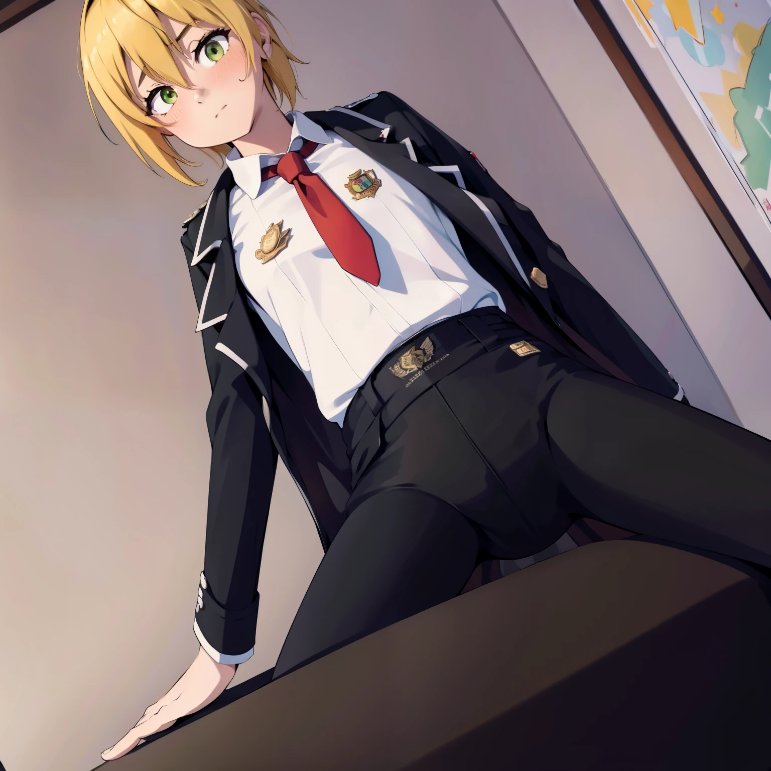 (masterpiece, top quality, best quality, highly detailed:1.2), colorful, 1girl, solo, diapers, bottom angle, messing,, Don Quixote_limbus, blushing, (masterpiece, best quality), illustration, Don Quixote_limbus, default_outfit, green eyes, sitting, white shirt with red neck tie, black coat, coat on shoulders, black pants, blond hair,