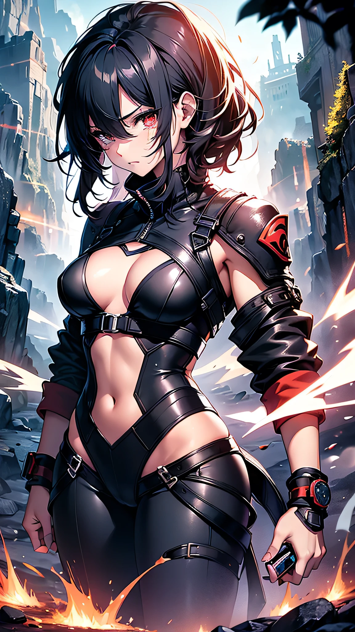 Highest quality、Highest quality、Masterpiece、girl((Age 25、as soon as、Highest Bust、Medium Bust、Wide open chest、Red glowing eyes、Black Ear、Red Mesh、Disheveled Hair、Loincloth、thin、The best valley、Open chest、Luminous Wristbands、hair ornaments、Full body view、Black Shirt、Black trousers、scar、cell phone、A little muscular、Watery eye、Tears))、high quality、Beautiful Art、background((night、Ninja World,volcano))、flight、Flying Debris、Depth of text、movie、Visual Arts、Perfect Art、8K、Genuine、