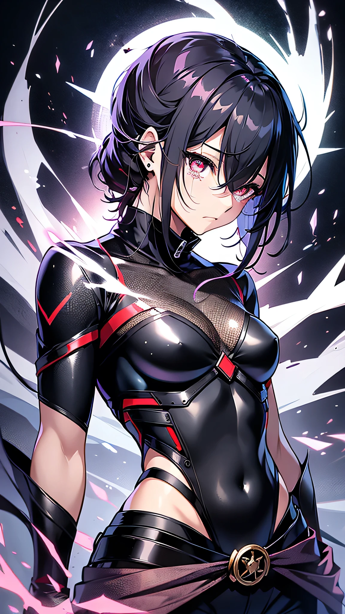 Highest quality、Highest quality、Masterpiece、girl((Age 25、as soon as、Highest Bust、Medium Bust、Wide open chest、Red glowing eyes、Black Ear、Red Mesh、Disheveled Hair、Loincloth、thin、The best valley、Open chest、Luminous Wristbands、hair ornaments、Full body view、Black Shirt、Black trousers、scar、cell phone、A little muscular、Watery eye、Tears))、high quality、Beautiful Art、background((night、Ninja World,volcano))、flight、Flying Debris、Depth of text、movie、Visual Arts、Perfect Art、8K、Genuine、