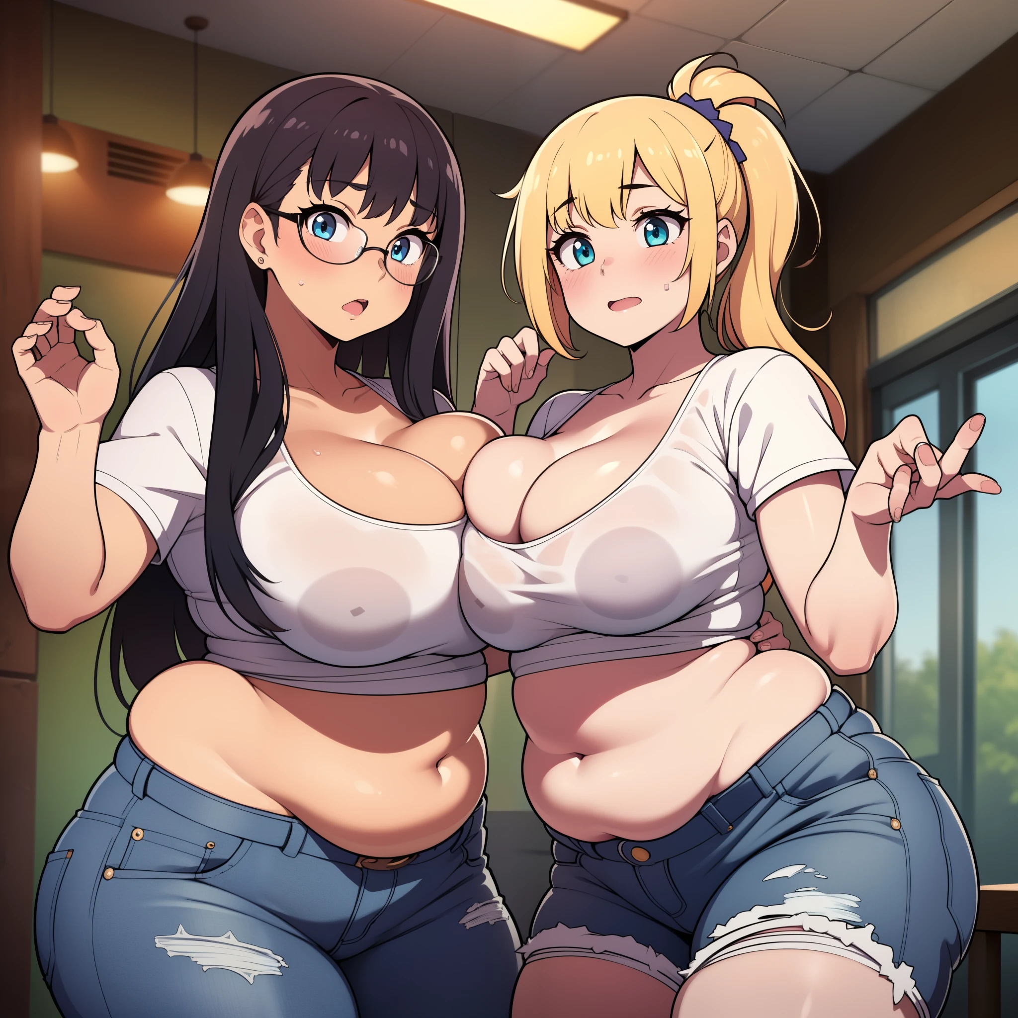 ((highres)), Masterpiece, high quality, best quality, beautiful, perfect lighting, detailed face, ultra cute face, ((2girls)), ((blush)), embarrassed, one girl has blonde hair, blue eyes, crop top and shorts, one girl has brown hair, green eyes, jeans, white shirt, fast food restaurant, cleavage, medium breasts, ((wide hips)), (thick thighs), ((plump)), chubby belly, ((belly grab)), fat folds, facing each other, 