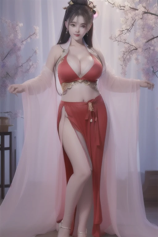 best quality, masterpiece,real,realistic, photo,photorealistic,, looking at the audience,
1 Girl,chuxia,Hanfu,Chinese clothes, (((Large Breasts、Sagging breasts、Low-cut，Cleavage, Wide hips,)))((Long legs)),Hourglass figure)),
