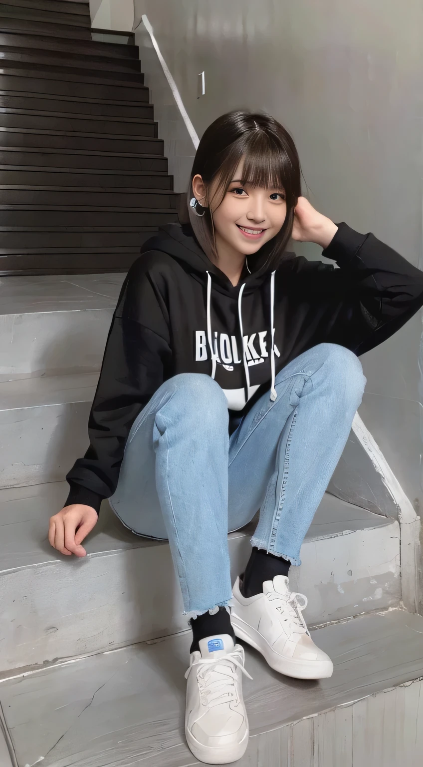 highest quality, Realistic, Very detailed, Finer details, High resolution, 8k wallpaper, One beautiful woman,Sit on the stairs、（Wear black socks）smile、（Beautiful teeth alignment、）（Gums are visible） Oversized hoodie, Skinny jeans,（ Black sneakers）、Black Hair、 Beautiful Bangs、ear piercing、Perfect dynamic composition, Beautiful and detailed, Full Body Shot, A big smile brown hair