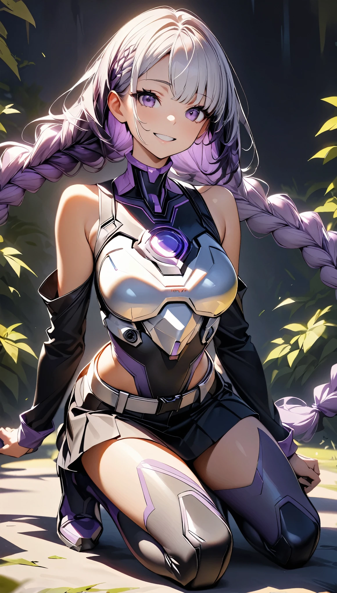 (highest quality:1.2, Very detailed, High Detail, High Contrast, masterpiece:1.2, highest quality, Best aesthetics), 1 Female, Cyber Suit, Separated sleeves, Bare shoulders, Black top, Silver breastplate, Energy disk on chest, Black Mini Skirt, (Belt connecting left and right sleeves:1.1), 黒に紫色のアクセントが入ったCyber Suit, ((White Hair:1.4, Purple bicolor hair, Braided long hair, White and purple hair accessories:1.2, Dark purple bangs:1.1, Asymmetrical bangs)), Purple Eyes, Double eyelids, Detailed face, Loose braid, smile:1.2, Indifference, kind, Front view, Crouch down, Stick your butt out, (((Kneeling:1.2))), A park filled with greenery, squirt:1.2, White cloud, Wide-angle lens.