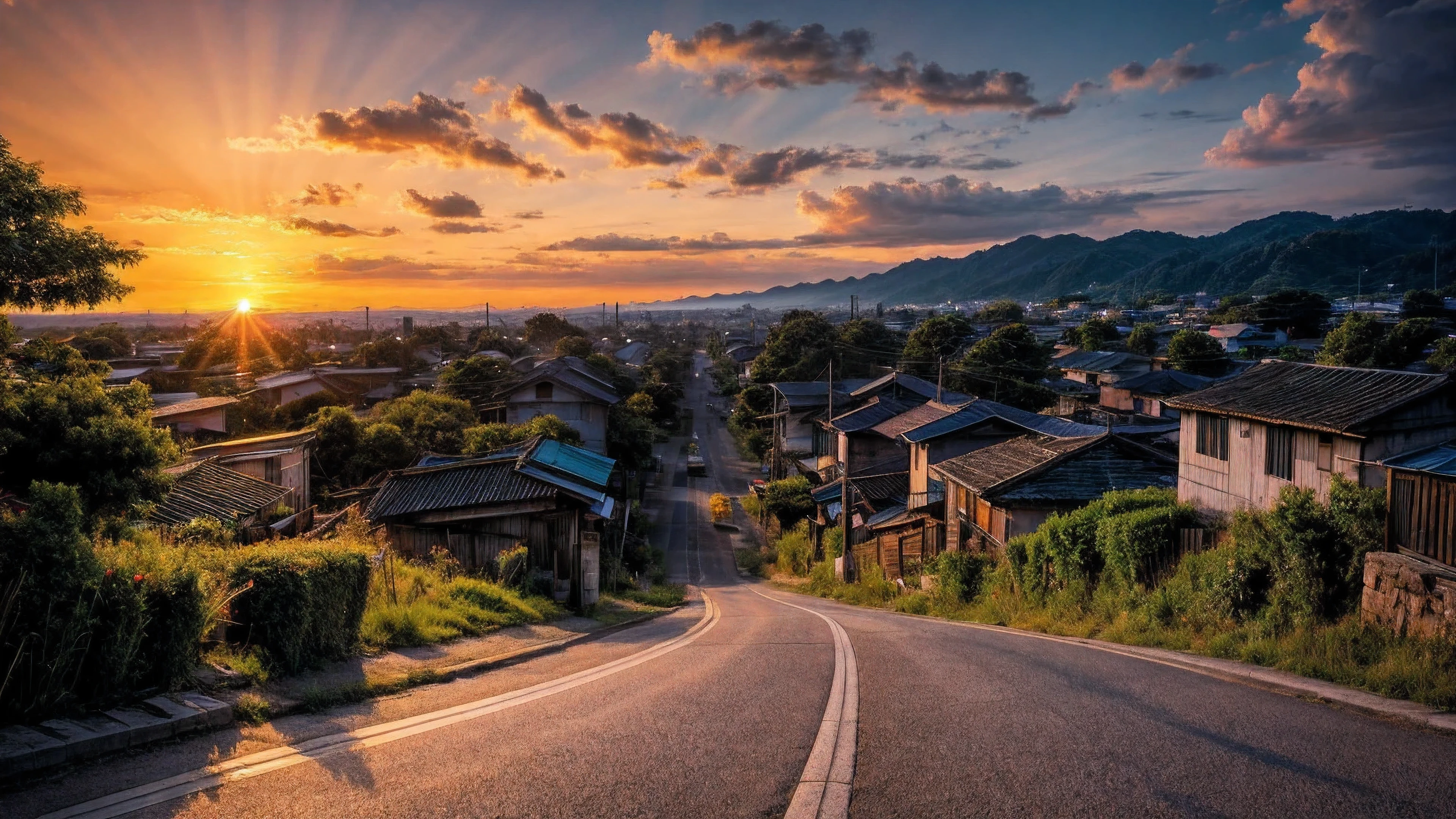 sunset、Rural townscape、shinkai makoto