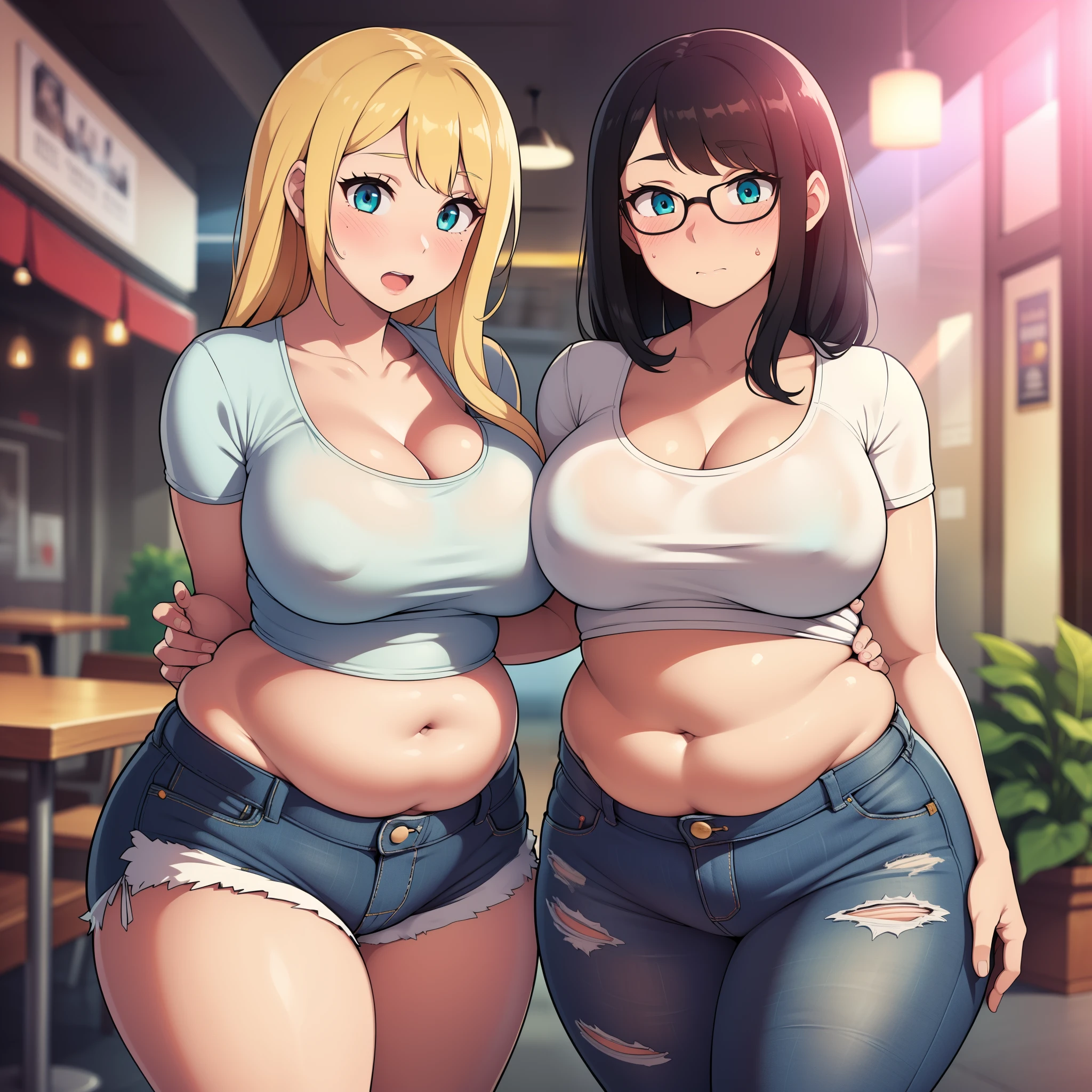 ((highres)), Masterpiece, high quality, best quality, beautiful, perfect lighting, detailed face, ultra cute face, ((2girls)), ((blush)), embarrassed, one girl has blonde hair, blue eyes, crop top and shorts, one girl has brown hair, green eyes, jeans, white shirt, fast food restaurant, cleavage, medium breasts, ((wide hips)), (thick thighs), ((plump)), chubby belly, ((belly grab)), fat folds, facing each other, 