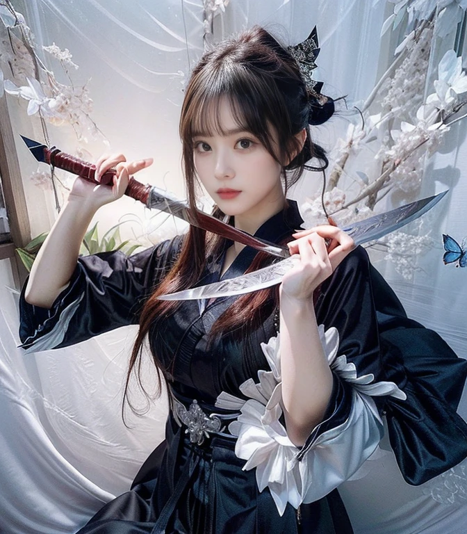 Girl with sword and butterfly in hair, demon slayer rui Fan art, she is holding a knife sword, Hinata Hyuga, Demon Slayer Art Style, marin kitagawa Fan art, knife, detailed Fan art, Fan art, highly detailed exquisite Fan art, Amazing 8k, official Fan art, Beautiful and detailed art, Official Art