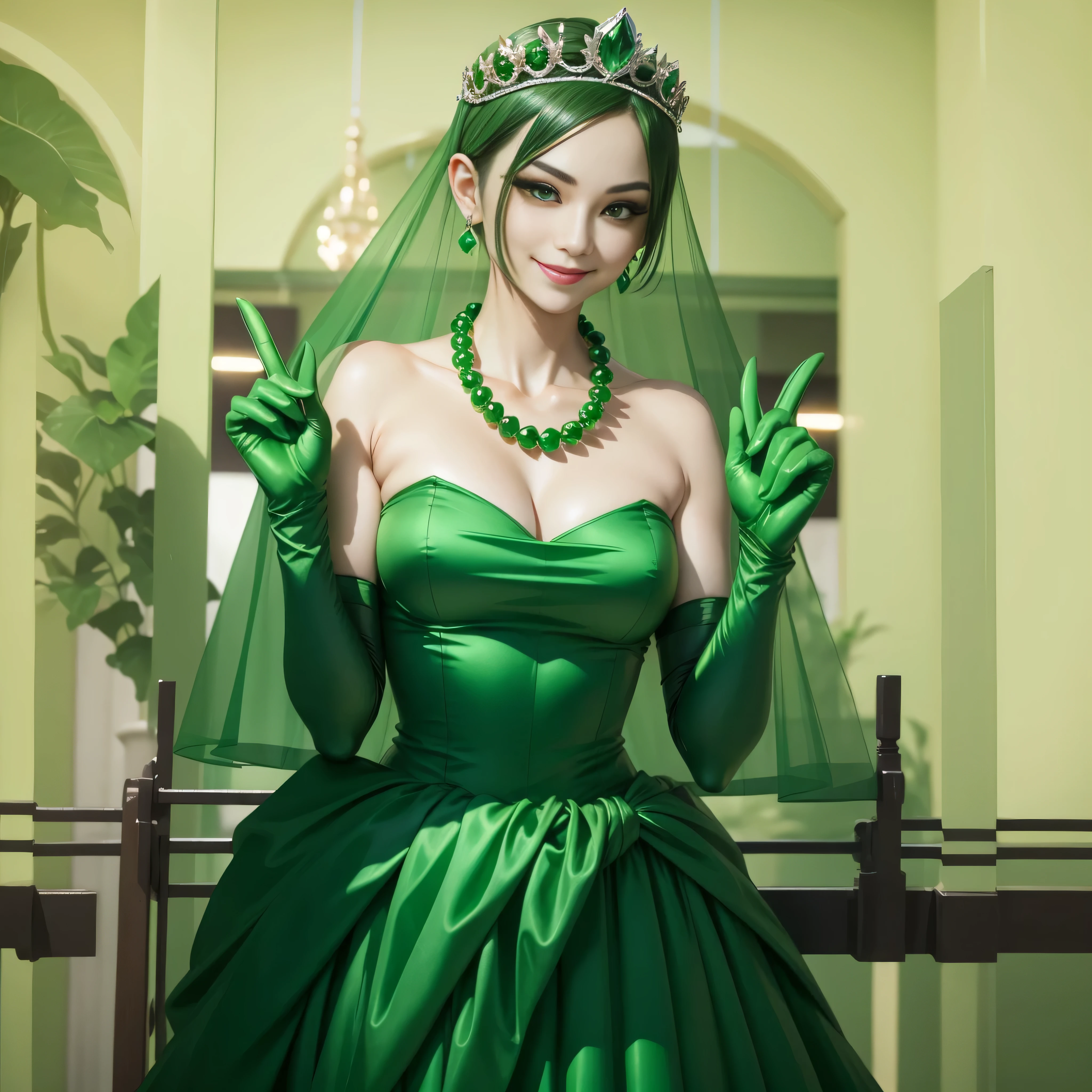 Emerald tiara, Green Pearl Necklace, Boyish very short green hair, lipstick, Smiling Japanese woman, Very short hair, Big and beautiful, Green Eyes, Long green satin gloves, Green Eyes, v sign, Emerald Earrings, Green veil, peace sign
