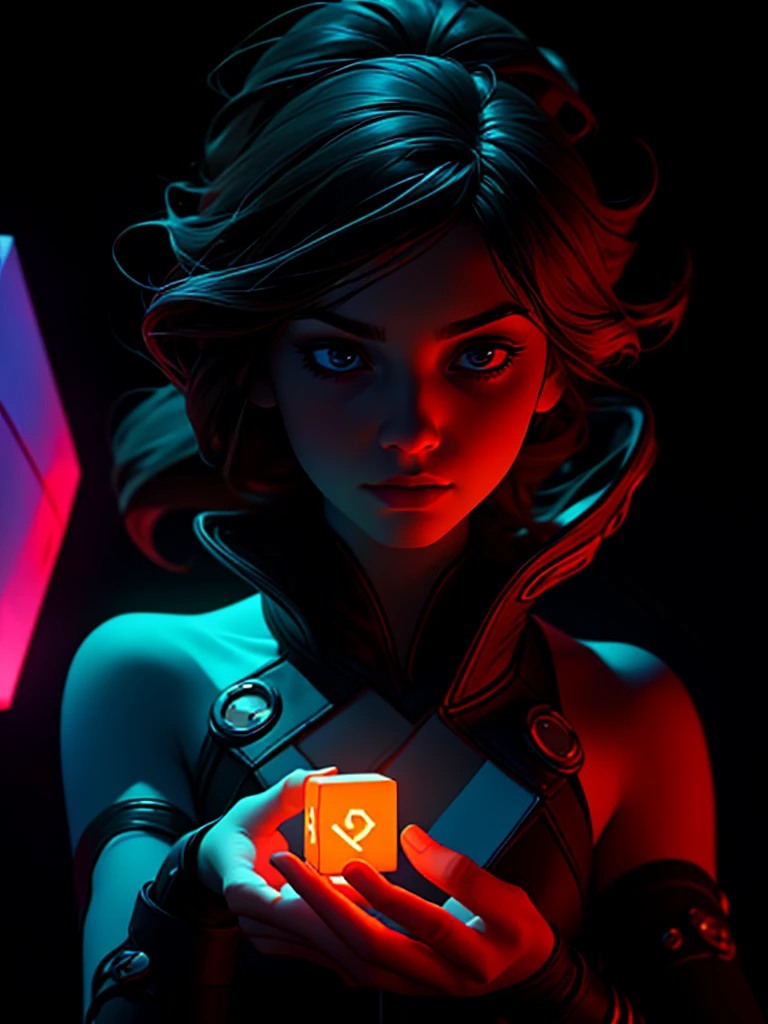 a beautiful young woman, glowing kanji cubes, floating, detailed face, long hair, delicate hands, serene expression, surreal, digital art, 8k, hyperrealistic, cinematic lighting, dramatic colors, vibrant neon, ethereal, mystical, futuristic, highly detailed, photorealistic