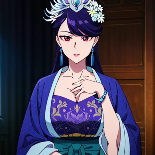 (chest out, Central opening,chest:1.1), Blue and white dress,Chinese clothing,Wide sleeves,Long sleeve,
Floral print, Earrings,
hair ornaments,necklace, bracelet,gem,jewelry,ear
purple eye, 紫colorの髪,bangs,
1 girl, 20 years,young woman,beautiful long legs,beautiful body,
beautiful Nose,beautiful character design, perfect eye, perfect face,expressive eye,Perfect balance,
View Viewer,(Focus on her face),Mouth closed, (Innocent_big_eye:1.0),(Light_笑face:0.3),
Official Art,Highly detailed CG Unity 8k wallpaper, Perfect lighting,colorful, bright_front_face_Lighting,White skin,
(masterpiece:1.0),(Highest_quality:1.0), 超High resolution,4K,Super detailed,
photograph, 8k, High resolution, High resolution, Absurd:1.2, Kodak Portrait 400, Film Grain, Blurred Background, Bokeh:1.2, Lens flare, (Vibrant_color:1.2),プロのphotograph,
(beautiful,big_chest:1.4), (beautiful_face:1.5),(narrow_Waist),