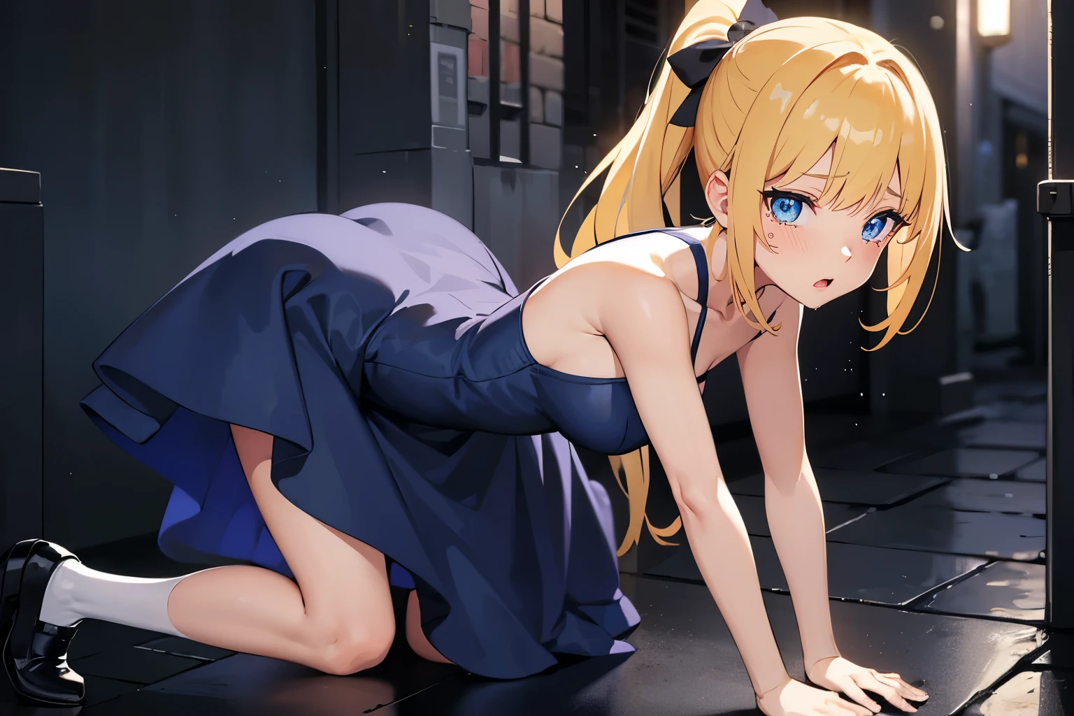 Safe for work, masterpiece, best quality, solo, 1 girl, facing forward, looking at camera, (young female body:1.4), ( medium breasts), slender legs, golden yellow hair, extra long hair, blunt bangs, crystal blue eyes, very detailed eyes,, night time, raining, its night outside, ponytail, dark alleyway, dark blue dress, form fitting dress, flustered expression, arched back, arching her back, extra short dress, very short blue dress, sleeveless dress, leaning forwards, arched back, strapless dress, leaning forward, arching her back, kneeling on ground, doggy style pose, facing forwards, knees on ground, black shoes, bending forwards, hands on the ground, holding the floor, slut, doggy style