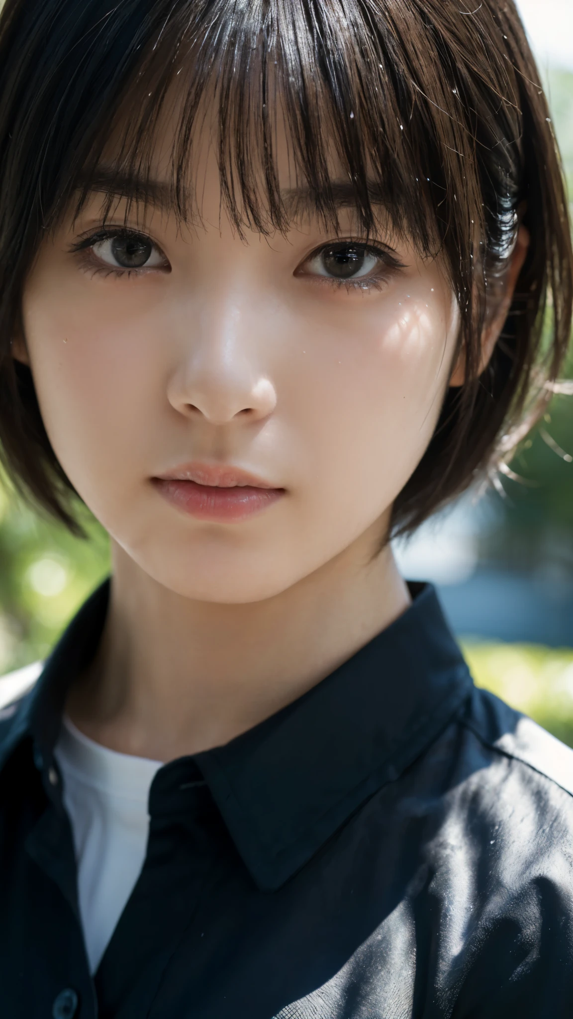 (highest quality,masterpiece:1.3,Ultra-high resolution),(Super detailed,Caustics,8k), (Photorealistic:1.4, RAW shooting),Outdoor,Japanese,Age 25,A sad expression,Black short hair,Black Shirt,Bust up shot,Face Focus,Face close up,Natural light,Professional Lighting