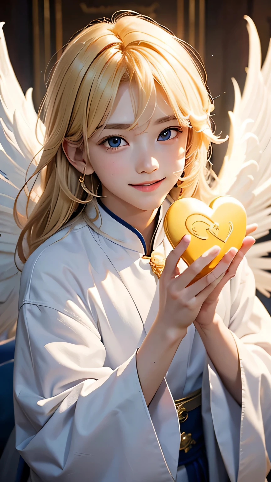 A boy angel who serves the Sun Goddess。 Make a big heart with your hands、He puts his face in it and smiles.。A pose that makes you feel like the king of love。Blonde。Wearing clothes that don&#39;t reveal any skin。The location is a sanctuary bathed in sunlight.。A sacred place bathed in soft, bright light