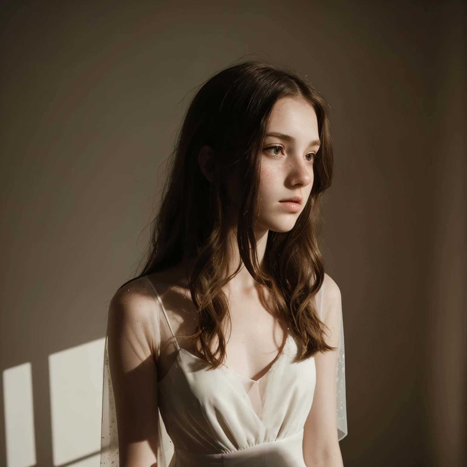 Slender brunette , long wavy hair, extra pale skin, freckles, dramatic lighting with shadows, sheer dress