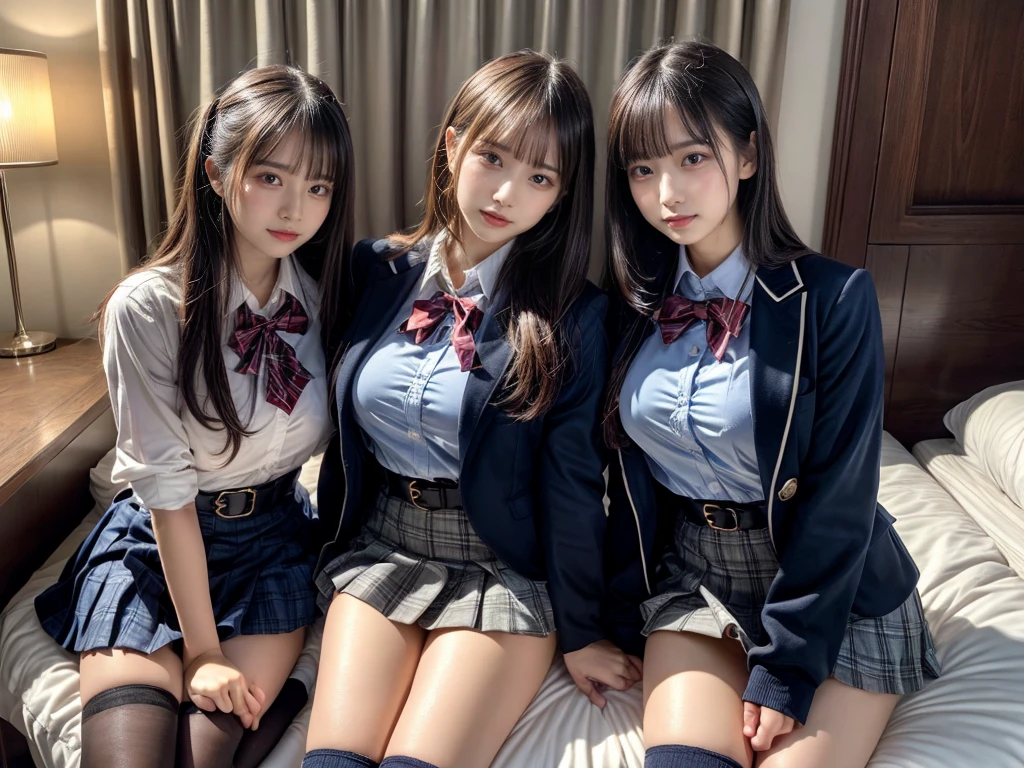 (8K, Raw photography, top-quality, ​masterpiece:1.2), master piece, best quality, illustration, Super detailed, fine details, High resolution, 8K,wall paper, perfect dynamic composition,(Details High quality, realistic depiction of eyes:1.3), ((2 girls, 2 schoolgirls)), The background is a luxury hotel room、High school girl uniform、blazer 、Super Short Check Uniform Skirt、Navy blue high socks、garterbelts、Colossal tits、Disturbed uniform, Play with each other,Touching each other's bodies,Touching the body of the girl next door, short bob hair, black hair color, huge breasts, Big Natural Color Lip, bold sexy pose, (perfect body shape), crying a little、cold gaze,  Beautiful makeup,glitter makeup,Cutest 18 years old, beautiful legs, hposing Gravure Idol, Voluptuous thighs