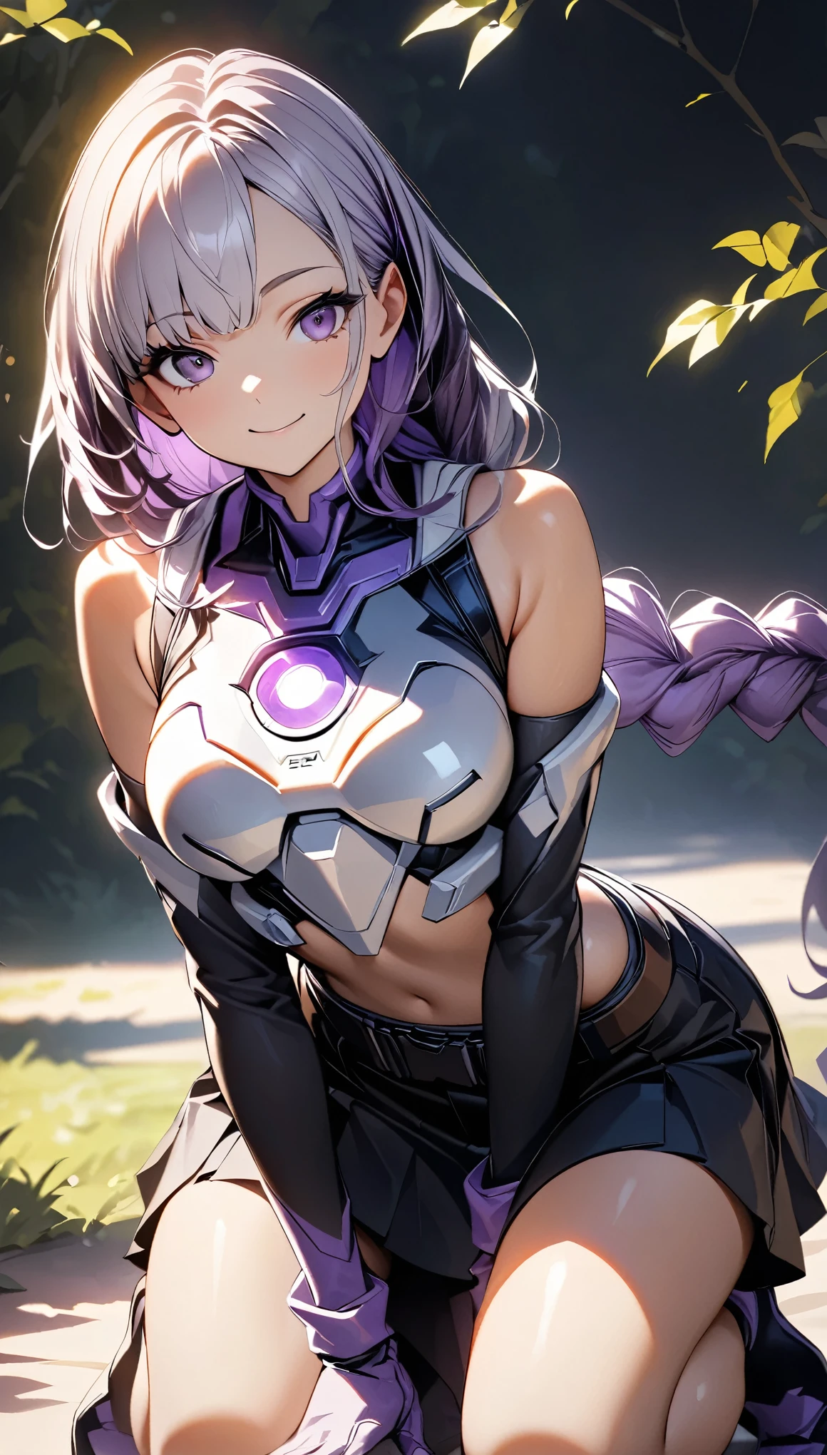 (highest quality:1.2, Very detailed, High Detail, High Contrast, masterpiece:1.2, highest quality, Best aesthetics), 1 Female, Cyber Suit, Separated sleeves, Bare shoulders, Black top, Silver breastplate, Energy disk on chest, Black Mini Skirt, (Belt connecting left and right sleeves:1.1), 黒に紫色のアクセントが入ったCyber Suit, ((White Hair:1.4, Purple bicolor hair, Braided long hair, White and purple hair accessories:1.2, Dark purple bangs:1.1, Asymmetrical bangs)), Purple Eyes, Double eyelids, Detailed face, Loose braid, smile:1.2, Indifference, kind, Front view, Crouch down, Stick your butt out, (((Kneeling:1.2))), A park filled with greenery, squirt:1.2, White cloud, Wide-angle lens.
