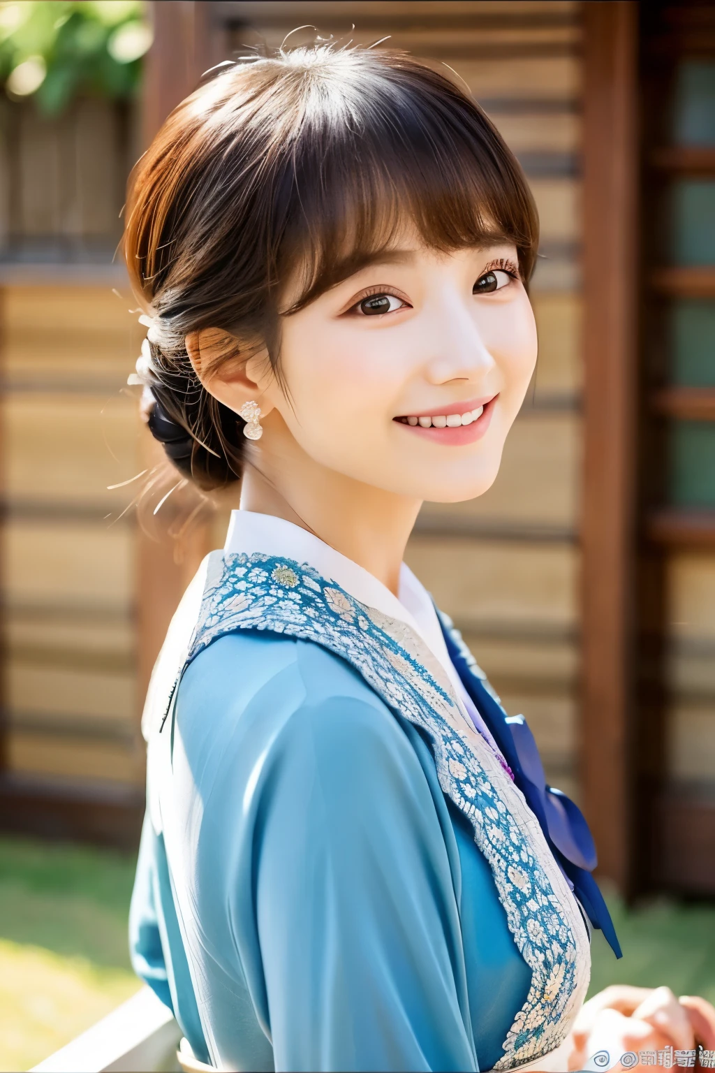 {{{87 years old}}}、smile、beautiful、The elegant and sophisticated clothing of the upper class of Chosun、Shining eyes、stare、