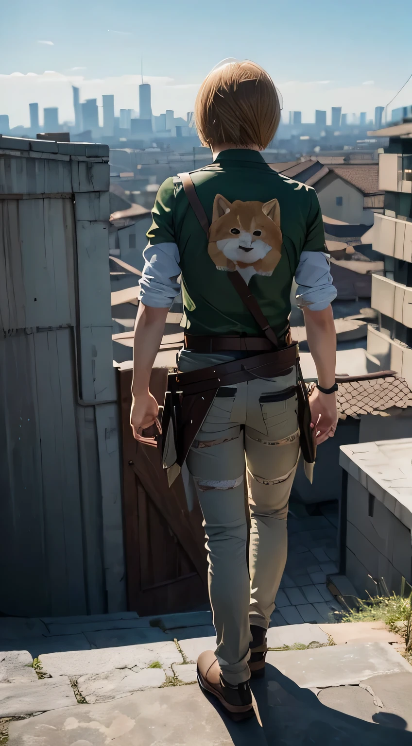 1man, armin arlert attack on titan, wearing T-shirt with shiba image, armin arlert hairstyle, stand alone, clothes detailed, overlooking to street city, from back, back view, 8k, ultra hd, ultra detailed, masterpiece.