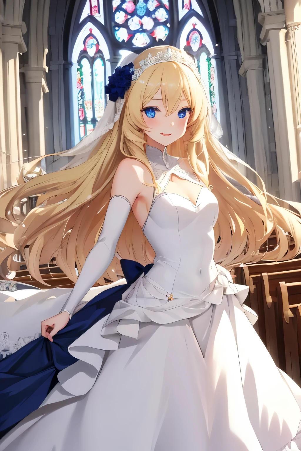 Anime girl with long blonde hair, dark blue eyes, white wedding dress, happy, twirling her dress, beautiful church setting