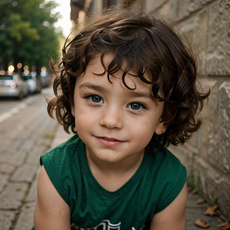 4 boy with curly brown hair and green eyes