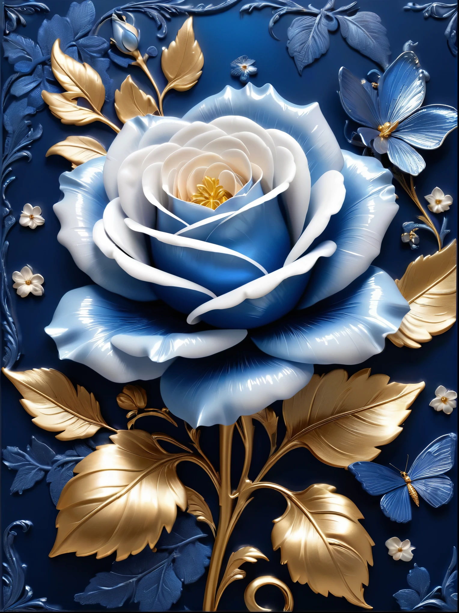 (Blue temptation rose poster made of metal), Each metallic blue enchantress flower has cascading petals, Blue shells,Rich metallic texture,they are dark blue,Like the night sky and the deep sea,Has an attractive metallic luster,silver leaf made of whiteinum,gaps between petals,Capturing light and shadow, gold flowers, helianthus flowers, blue rose, flowers and white, (white-plated embossing: 1.5), Detailed flower, Gorgeous flowers,,intricate flowers, Messy white leaf flowers, 8K detailed oil painting, Stunning and detailed, gilded. flowers blooming, baroque element, Fine workmanship,retro punk style background:blue velvet cloth,It gives a feeling of nobility、mystical feeling。