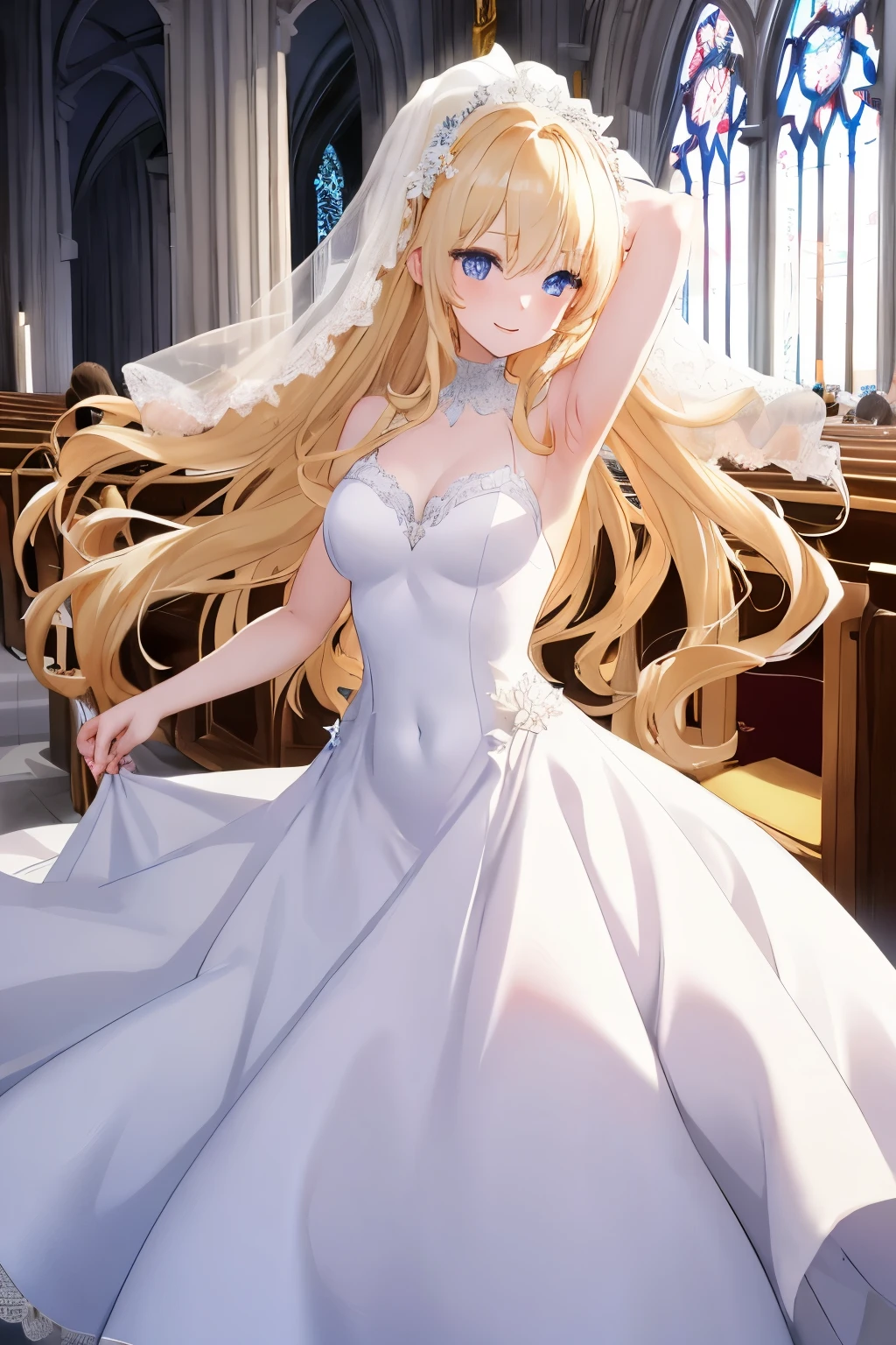 Anime girl with long blonde hair, dark blue eyes, white wedding dress, happy, twirling her dress, beautiful church setting