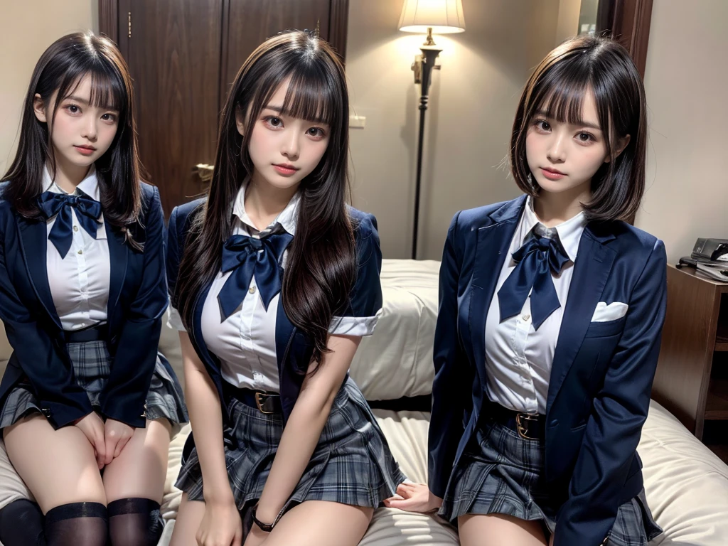 (8K, Raw photography, top-quality, masterpiece:1.2), master piece, best quality, illustration, Super detailed, fine details, High resolution, 8K,wall paper, perfect dynamic composition,(Details High quality, realistic depiction of eyes:1.3), ((2 girls, 2 schoolgirls)), The background is a luxury hotel room、High school girl uniform、blazer 、Super Short Check Uniform Skirt、Navy blue high socks、garterbelts、Colossal tits、Disturbed uniform, Play with each other,Touching each other's bodies,Touching the body of the girl next door, short bob hair, black hair color, huge breasts, Big Natural Color Lip, bold sexy pose, (perfect body shape), crying a little、cold gaze, Beautiful makeup,glitter makeup,Cutest 18 years old, beautiful legs, hposing Gravure Idol, Voluptuous thighs