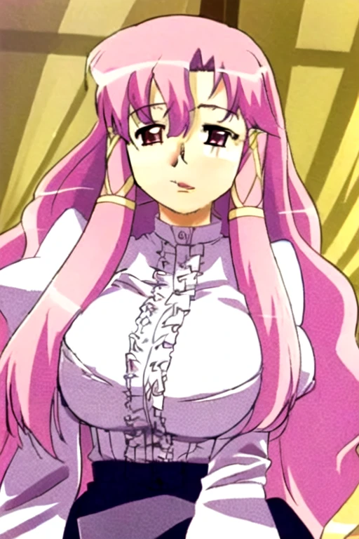 (masterpiece), good quality, (Good artist), Absurd, Ultra-high resolution, (Very detailed), Good color,colorful, Perfect light, 8k, Official Art, Lens flare, SFW, black_pantyhose, length_sleeve,White shirt, purple_length_skirt,
Excellent anatomy, Character Design, One character, alone, One girl, 20 years, (Perfect female body), pink_hair, length_hair, Frills, pink_eye, hair_tube, 1 girl, 20 years, Mature Woman, beautiful Finger,beautiful length legs, beautiful body, beautiful Nose, beautiful Character Design, perfect eye,
perfect face, (beautiful,big_chest:1.4), (beautiful_face:1.5),(narrow_Waist),heart hands, heart, Leaning forward, classroom, 背景のblack板,
