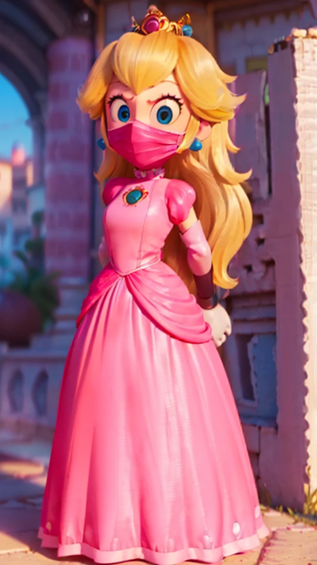 Princess Peach, ((wearing a long hot pink dress)), huge breasts, upper body, masterpiece,8k, best quality, good hands,good eyes, pixarstyle, 1girl, solo, style,parody,3d,long hair, detail hair, blonde hair, maximum detail, intricate detail, extremely clear, beach, nsfw, shy, blush, sad, ((long hair)), (tall girl), (solo, 1 girl), ((shibari, arms behind back : 1.4)) , ( full face otn gag mask), (full body view),((toes to head view)), ((complete body view photo)), ((standing)), Scared, (Skinny), view the viewer, ((shibari, bound arms, arms back behind:1.4)), ((tied in a wood pole)), ((wood pole)), ((tight full face latex mask)), (otn gag), gagged, (tight latex mask), (black mask), day light, ((she wears a black mask with a mouth printed on it))