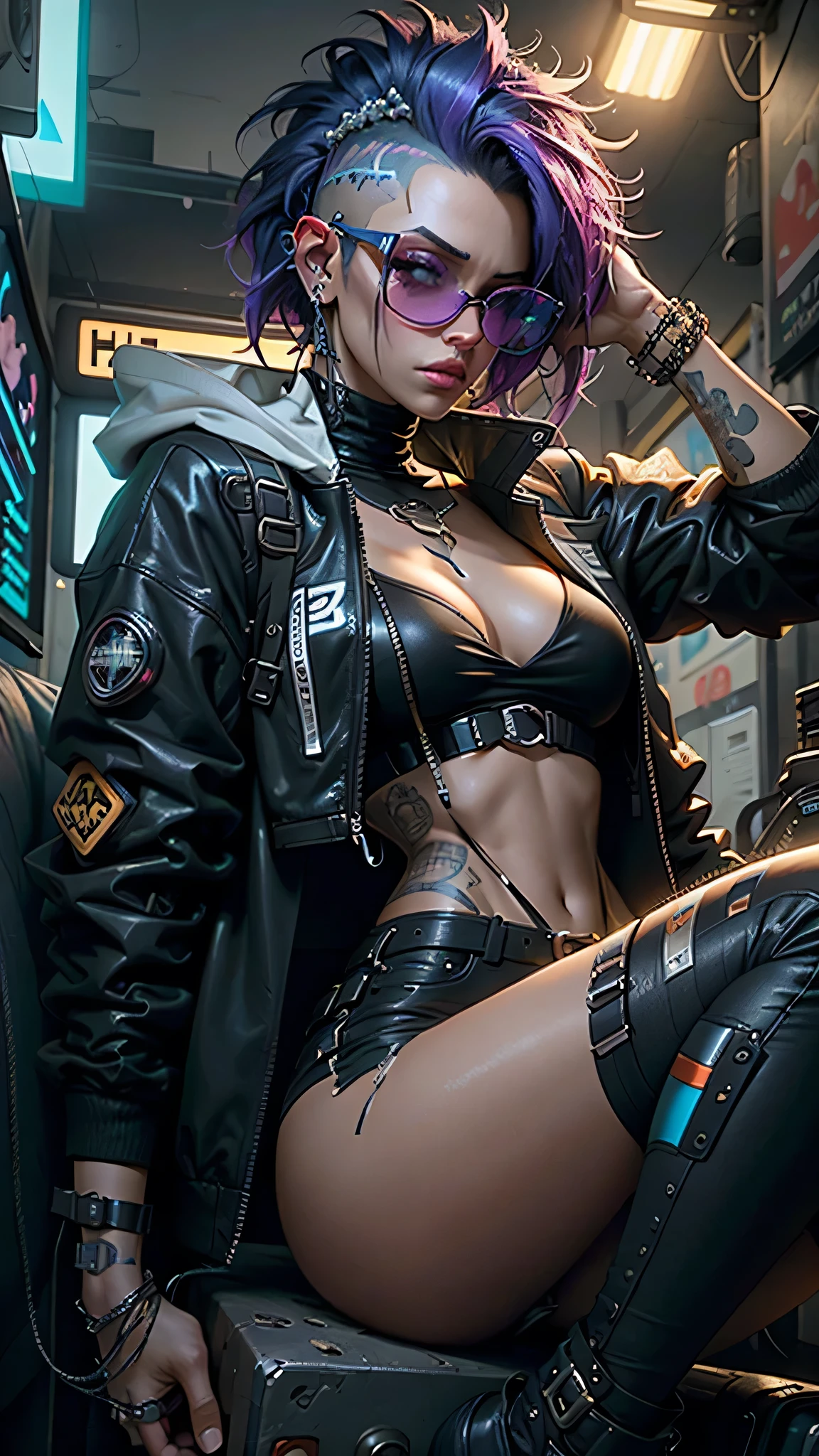 2 Cyberpunk with cyberpunk prosthetics, fishnet stocking, orelhas de gato, technological jacket, seios grandes, Cabelos Longos, fundo das ruas da cidade cyberpunk, Futuristic style, scientific fiction, hiper detalhado, renderizado, hiper realismo, pintura, 8k, disco Rigido, super resolution , Cinematic lighting, Long exposure, 8k, disco Rigido, Super-Resolution, fotografia da parte superior do corpo.. cleavage, mohawk, sunglasses,