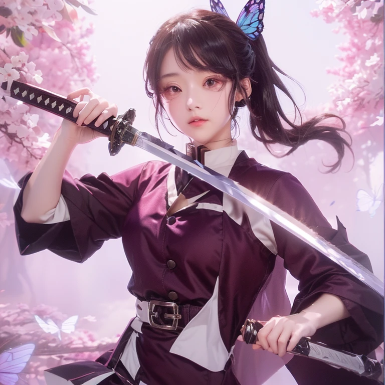 Girl with sword and butterfly in hair, demon slayer rui Fan art, she is holding a knife sword, Hinata Hyuga, Demon Slayer Art Style, marin kitagawa Fan art, knife, detailed Fan art, Fan art, highly detailed exquisite Fan art, Amazing Anime 8K, official Fan art, Beautiful and detailed art, Official Art
