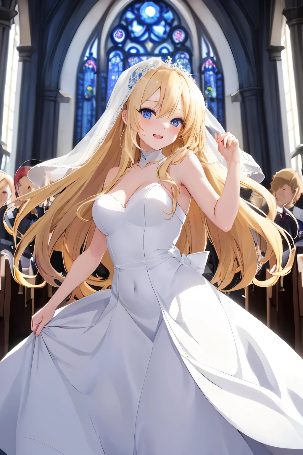 Anime girl with long blonde hair, dark blue eyes, white wedding dress, happy, twirling her dress, beautiful church setting