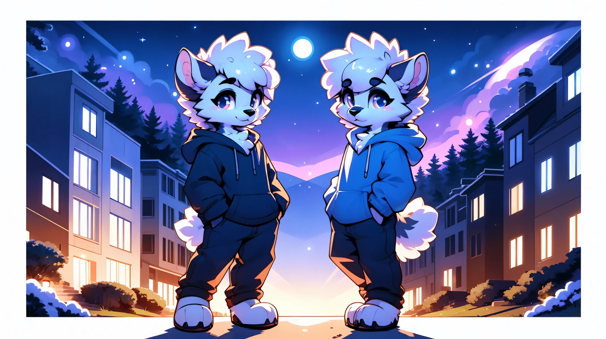 a full body, anthropomorphic white lamb ??? wearing a blue hoodie, pants, lamb face, cute face, glossy fur, big fluffy neckfur, posing for a picture in a hill at night with a city in the distance