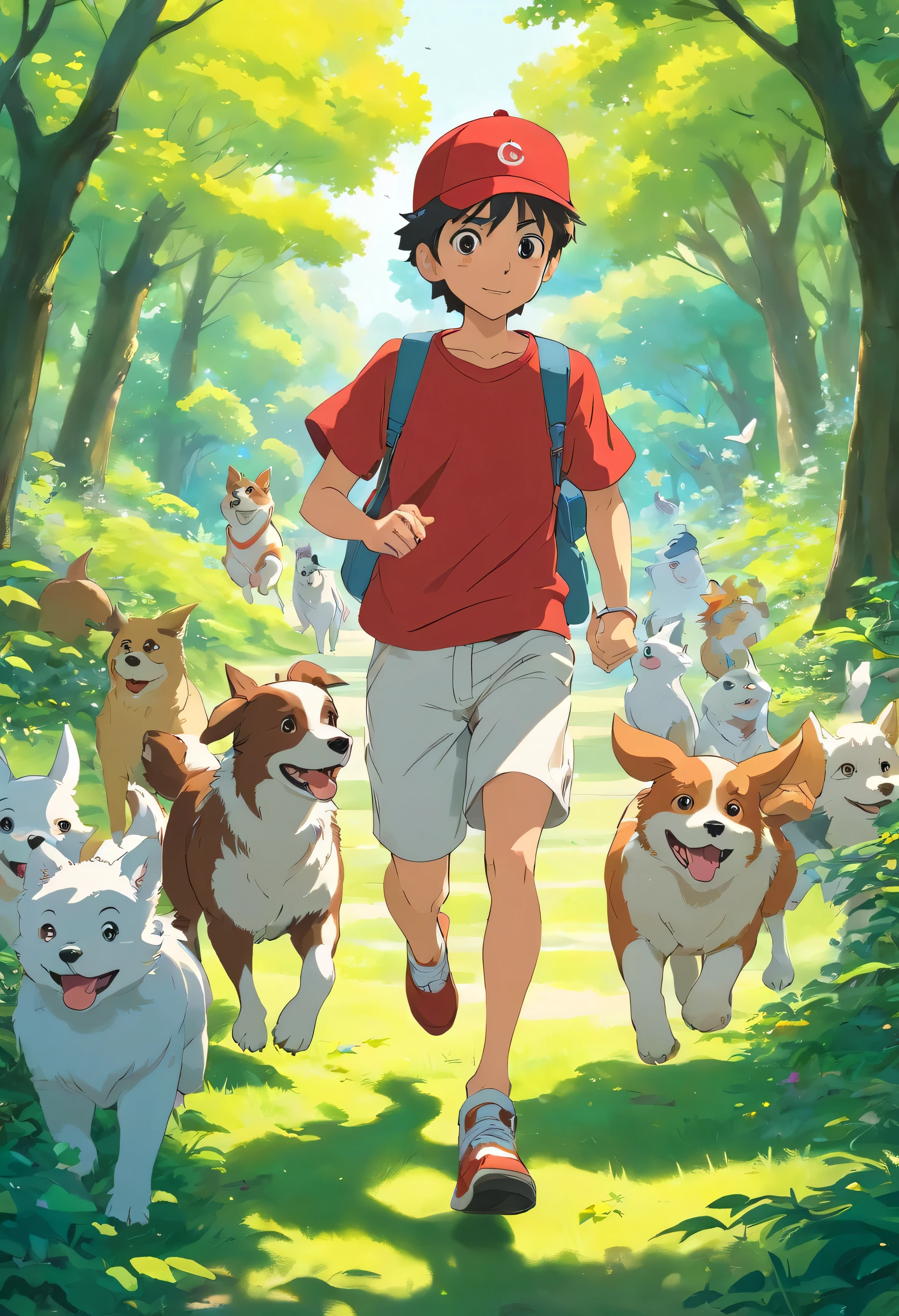 Un Chico con gorra roja, white t-shirt and shorts is in the park happy with many dogs playing and running in the middle of nature trees, flores y un hermoso cielo azul