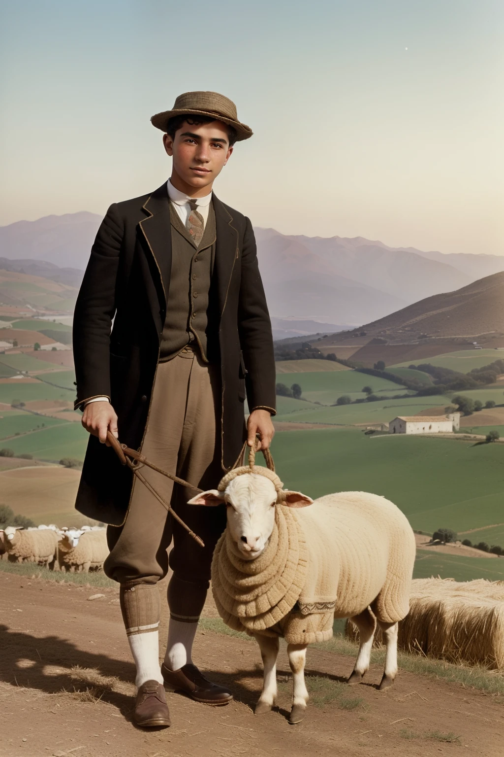Andalusia, 1910. A young ((((18-year-old)) Santiago)), shepherd, with a sheep, ((((rural clothings from the 1910s)))), ((hairstyle of the 1910s)), ((colorful))